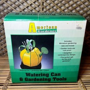 Vintage mini Metal Watering Can With Rake and Trowel New